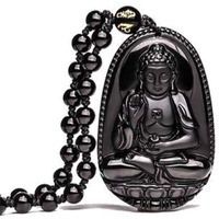 Yellow Chimes Exclusive DVine Collection Natural Black Obsidian Hand-Carved Healing Beads Natural Stones Reiki Buddha Long Pendant Necklace Men And Women (Unisex)