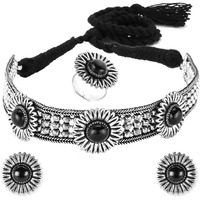 Yellow Chimes Jewellery Set for Women and Girls Traditional Silver Oxidised Jewellery Set Silver Choker Set | Floral Crafted Choker Necklace Set for Women | Birthday Gift For Girls and Women Anniversary Gift for Wife