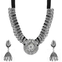 Yellow Chimes German Oxidised Silver Antique Durga Design Threader Traditional Necklace set with Peacock Jumka Earring Jewellery Set for Women and Girls
