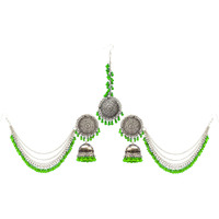 Yellow Chimes German Oxidised Silver Antique Traditional Maang Tikka with Earrings Jewellery Set for Women and Girls (Green)