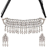 Yellow Chimes Navratra Special Choker Necklace Set Mirror Handmade by Artisans Silver Oxidised Dori Thread Antique Traditional Necklace Set with Earrings Jewellery sets for Women & Girls
