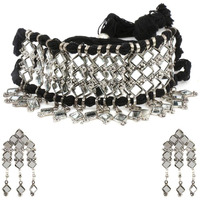 Yellow Chimes Ethnic German Silver Oxidised Beads Threaded Jewellery Set Traditional Choker Necklace Set for Women and Girls