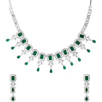 Yellow Chimes American Diamond Necklace Set For Women | Green Stone Silver Jewellery Set For Women | Diamond Necklace Set | Birthday Gift for Girls Anniversary Gift for Wife