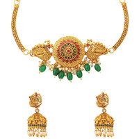 Yellow Chimes Jewellery Set for Women Gold Plated Green Beads Drop Peacock Designed Bridal Choker Necklace Set for Women and Girls