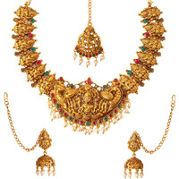 Yellow Chimes Jewellery Set for Women Gold Plated Traditional Temple Jewellery Set Antique Necklace Set with Earrings and Maangtikka for Women and Girls