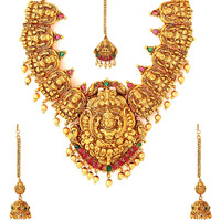 Yellow Chimes Jewellery Set for Women Gold Plated Traditional Temple Jewellery Set Antique Necklace Set with Earrings and Maangtikka for Women and Girls