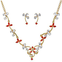 Gehena By Estele Gold Plated Floral Vine Designer Necklace Set with Ruby & White Crystals for Women