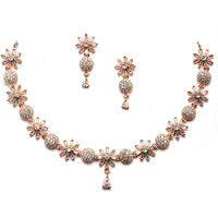 ZENEME Rhodium Plated Silver Toned White American Diamond Studded Necklace With Earring Jewellery Set For Woment and Girl (Rose Gold)