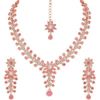 Atasi International Rose Gold Plated Mint Pink Diamond Necklace/Jewellery Set for Women with Earrings and Maang Tikka (RGP1965)