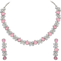 Atasi International Silver Plated Mint Pink Cystals American Diamond Necklace Jewellery Set with Earrings for Women Suited for Party, Wedding, Engagement (RMNP1778)