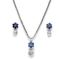 ZENEME Rhodium-Plated Silver Toned Green Cubic Zirconia studded Floral Shaped Cute Pendant with Earrings Jewellery Set for Girls and Women (Green) (Blue)
