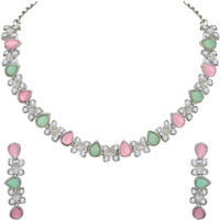 Atasi International Silver Mint Pink & Green Diamond Sylish Necklace Set For Women & Girls (RPG1778)