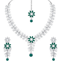 Atasi International Silver Tone Green & White Crystals Rhodium Plated Alloy Choker Necklace Set For Women