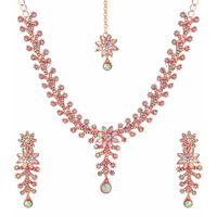 Atasi International Rose Gold Plated Rainbow Colors Diamond Necklace/Jewellery Set for Women with Earrings and Maang Tikka (RNB1965)