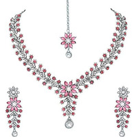Atasi International Rhodium Plated Pink Diamond Necklace Jewelry Set for Women with Earrings, Maang Tikka  for Weddings, Parties, and Festivals (RP1965)