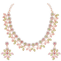 Atasi International Gold Plated Crystal Necklace Jewellery Set with Earrings Suited for Party Wedding Festive for Women (Rose Pink & Green)