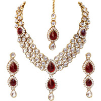 Shining Diva Fashion Red Kundan Traditional Necklace Jewellery Set for Women (Red)(8407s)