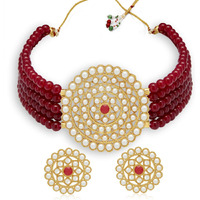 Sukkhi Sparkling Gold Plated Maroon Pearl Choker Necklace Set with Stud Earring for Women