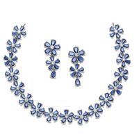 ZENEME Rhodium Plated Silver Toned White American Diamond Studded Flower Shaped Jewellery Set For Girls and Women (Navy Blue)