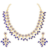 Atasi International Gold Plated Crystal Necklace White and Blue stone Leaf Design Jewellery Set with Earrings Suited for Party Wedding Festive for Women Girls