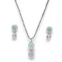 ZENEME Rhodium-Plated Silver Toned Green Cubic Zirconia studded Floral Shaped Cute Pendant with Earrings Jewellery Set for Girls and Women (Green) (Lime Green)