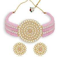 Sukkhi Luxurious Gold Plated Pink & White Pearl Choker Necklace Set with Stud Earring for Women