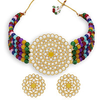 Sukkhi Pretty Gold Plated Multi-Color Pearl Choker Necklace Set with Stud Earring for Women