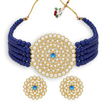 Sukkhi Lovely Gold Plated Dark Blue Pearl Choker Necklace Set with Stud Earring for Women