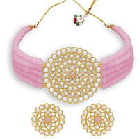 Sukkhi Gorgeous Gold Plated Pink Pearl Choker Necklace Set with Stud Earring for Women