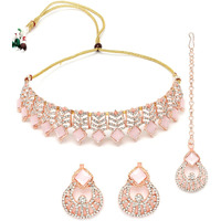 Sukkhi Seaside Rose Gold Plated Pink AD Stones & Beads Choker Necklace Set With Earring And Maangtika | Jewellery Set For Women (NS105560)