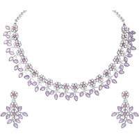 Atasi International Pink Kundan Silver Plated Crystal AD Diamond Necklace Jewellery Set with Earrings for Women/Girls for Party, Wedding (Purple)