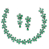 ZENEME Rhodium Plated Silver Toned White American Diamond Studded Flower Shaped Jewellery Set For Girls and Women (Green)