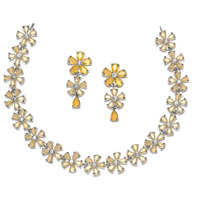 ZENEME Rhodium Plated Silver Toned White American Diamond Studded Flower Shaped Jewellery Set For Girls and Women (Yellow)