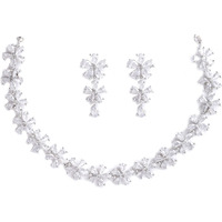 ZENEME Rhodium Plated Silver Toned White American Diamond Studded Flower Shaped Jewellery Set For Girls and Women (White)