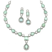 ZENEME Rhodium-Plated American Diamond Studded Fashionable Necklace With Earrings Jewellery Set For Girls and Women (Sea Green)