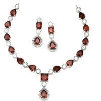 ZENEME Rhodium-Plated American Diamond Studded Fashionable Necklace With Earrings Jewellery Set For Girls and Women (Red)
