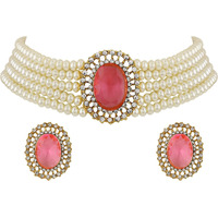 Shining Diva Fashion Latest Stylish Fancy Choker Traditional Pearl Necklace Jewellery Set for Women (12551s), Pink, One