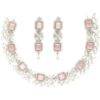 ZENEME Rhodium-Plated with Silver-Toned Pink and White American Diamond Studded Necklace and Earrings Jewellery Set (Pink) For Women