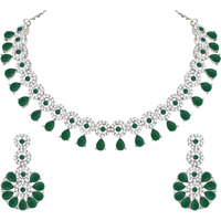 Atasi International Silver Plated Green Kundan and American Diamond Necklace Jewellery Set with Earrings for Women (RDGB5555)