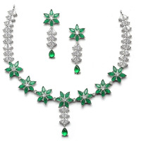 ZENEME Rhodium-Plated Silver Toned Star Shaped American Diamond Studded Necklace Earrings Jewellery Set for Girls and Women (Green_Design_01)