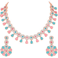 Atasi International Rose Gold Pink & Blue Kundan And American Diamond Necklace Jewellery Set With Earrings For Womens (Rgpb5555)