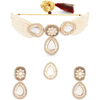 ZAVERI PEARLS Gold Tone Multistrand Beaded Kundan Choker Necklace Earring & Ring Set For Women-ZPFK16078