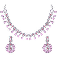 Atasi International Silver Mint Pink Kundan and American Diamond Necklace Jewellery Set with Earrings for Women (RMP5555)