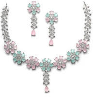 ZENEME Rhodium-Plated Silver Toned Star Shaped American Diamond Studded Necklace Earrings Jewellery Set for Girls and Women (Lime Green & Pink_Design_02)