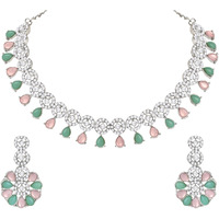 Atasi International Silver Plated Mint Pink & Green Crystals American Diamond Necklace Jewellery Set with Earrings for Women (RPG5555)