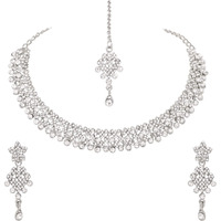 Atasi International Silver-Plated Alloy Choker Necklace Jewellery Set With Earrings & Maang Tikka For Women (White)