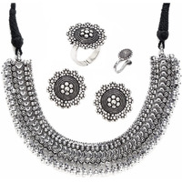 YouBella Jewellery Set for Women Oxidised Silver Tradtional Necklace Jewellery Set with Earrings , Rings and Nose Clip for Girls and Women (YBNK_50346)