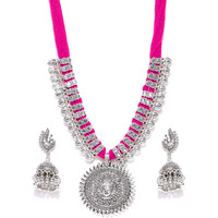 YouBella Jewellery Sets for women Antique German Silver Oxidised Plated Tribal Cotton Thread Jewellery Necklace Earring Set for Women & Girls.(Valentine Gift Special). (PINK)