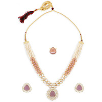 ZAVERI PEARLS Pink Purple Stones Embellished Kundan Necklace Earring & Ring Set For Women-ZPFK15937