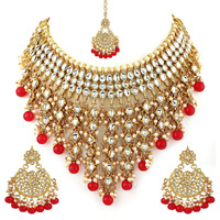 Shining Diva Fashion Latest Stylish Choker Traditional Pearl Kundan Necklace Jewellery Set for Women (Red)(12289s), One